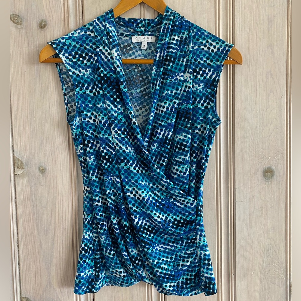 Chaus Wrap Blue Patterned Sleeveless Top
